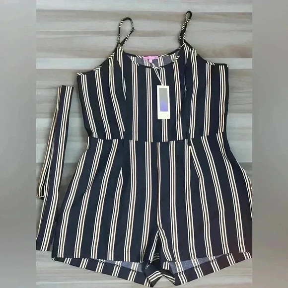 CI Sono NEW W Tags Striped Romper Shorts Junior's XL Blue/Brown With Belt. - Picture 7 of 7